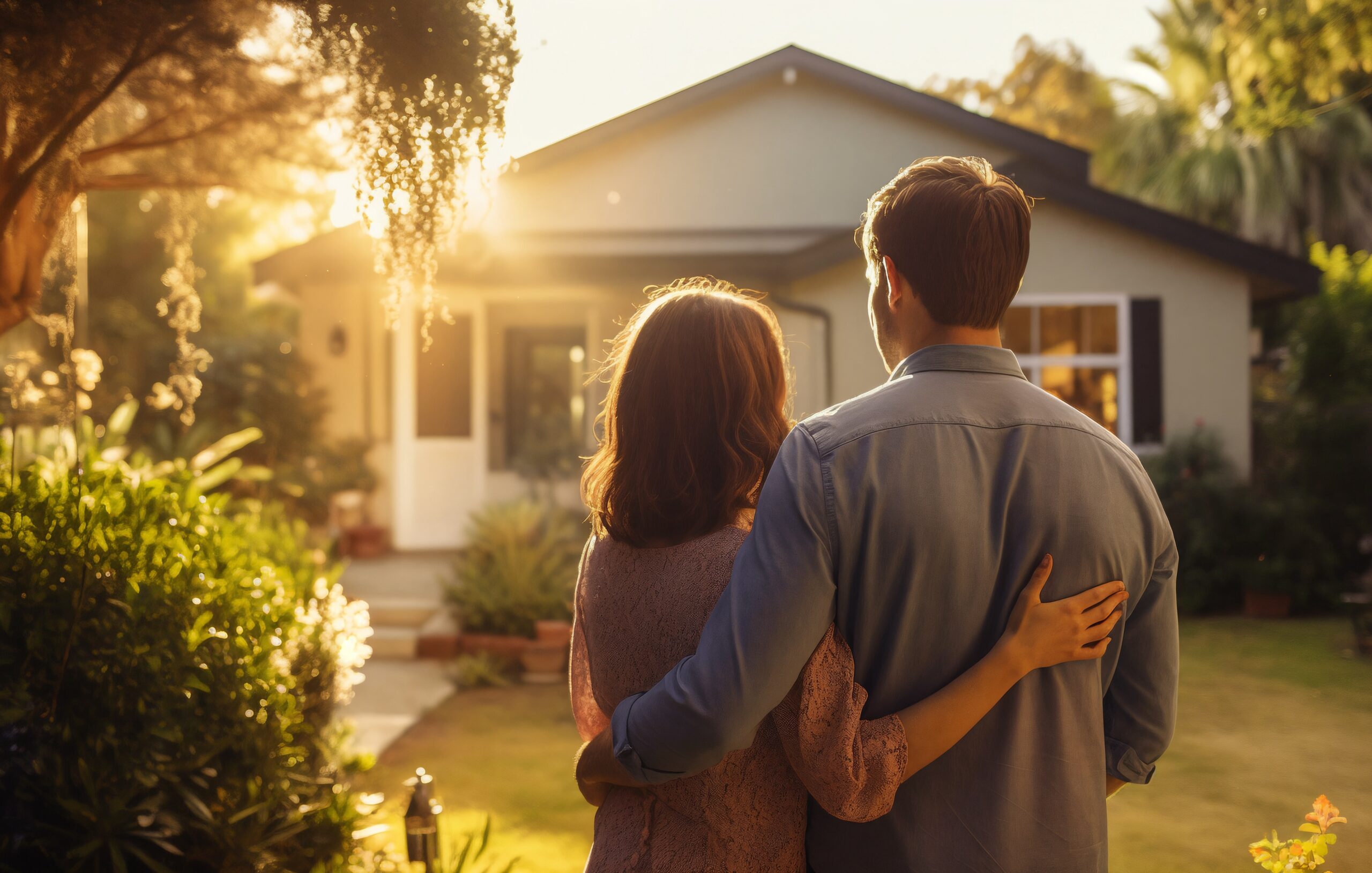 Happy couple standing outside and looking for their new house at sunset. Generative AI